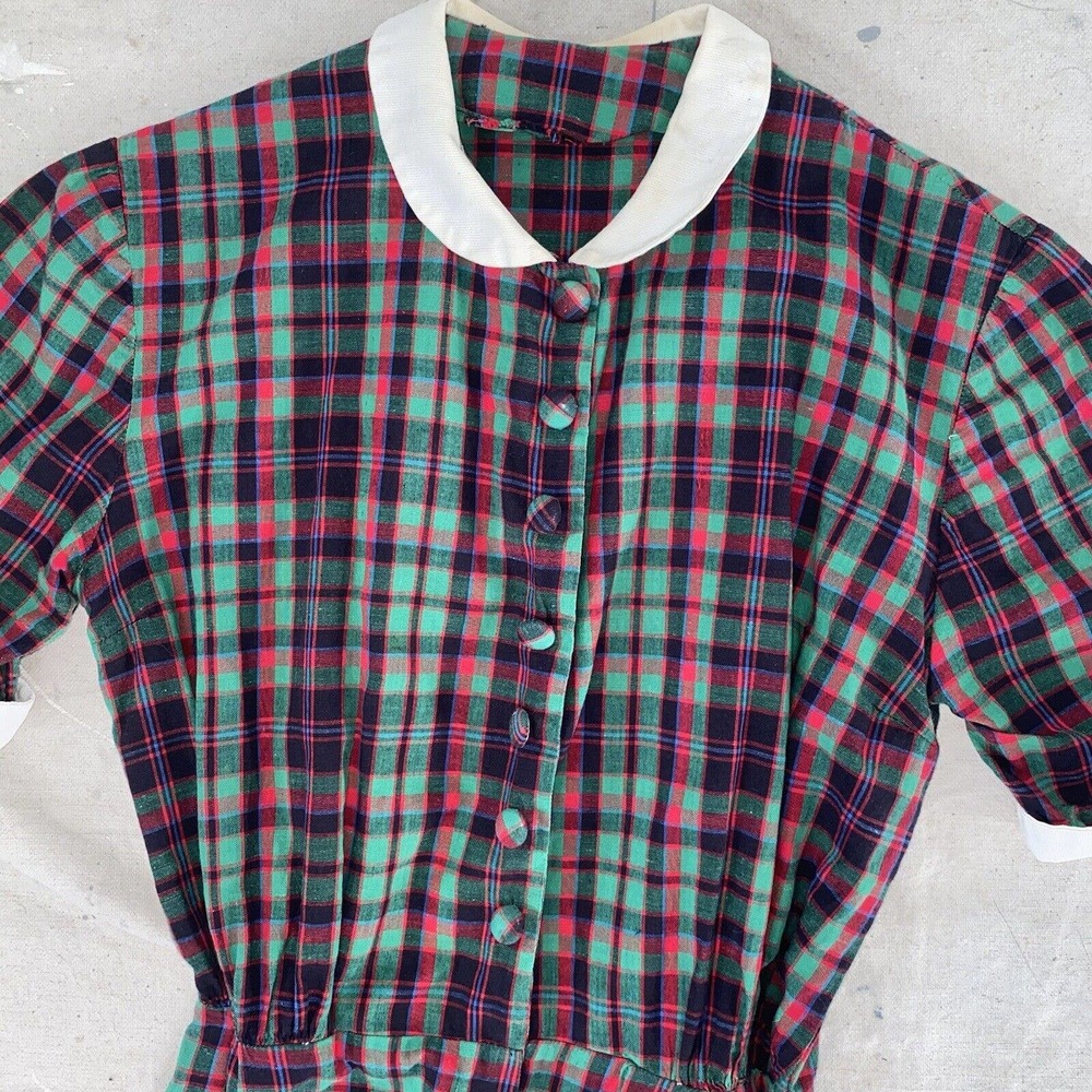 Vintage 1930s 1940s Teens’ Plaid Cotton Peter Pan Collar Frock Dress View 5